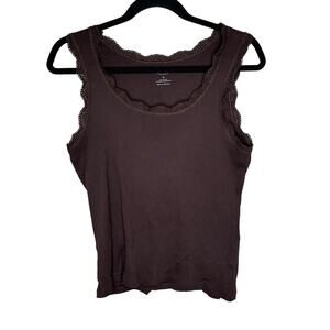 Talbots Women's M Tank Top Ribbed Brown Lace Trim Scoop Neck Cotton Summer